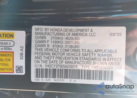 2025 Honda Accord Hybrid Sport from USA, damaged, VIN 1HGCY2F56SA035015